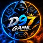 D97 Game logo with glowing neon blue and orange text over a dark background
